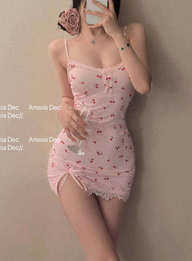 DEC樱桃少女 樱桃纯欲风莫代尔吊带睡裙带胸垫斩男性感睡衣