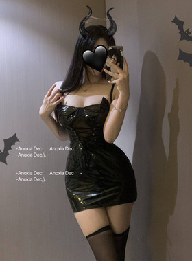 DEC契约小恶魔 黑色性感漆皮裙修身包臀裙万圣节纯欲cos制服套装