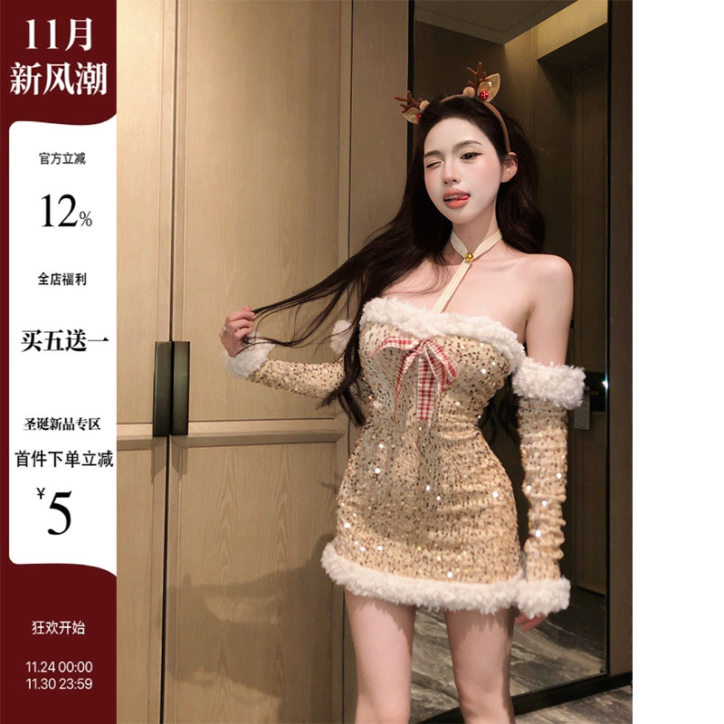 圣诞服装女挂脖抹胸包臀连衣裙