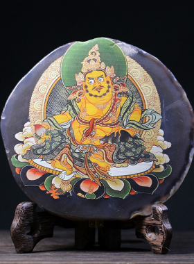梵间星辰 天然原矿玛瑙片手绘唐卡黄财神118*124mm藏式饰品小摆件