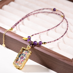 半手绘藏式风格八大守护神黄财神扎基拉姆绿度母唐卡紫水晶项链绳