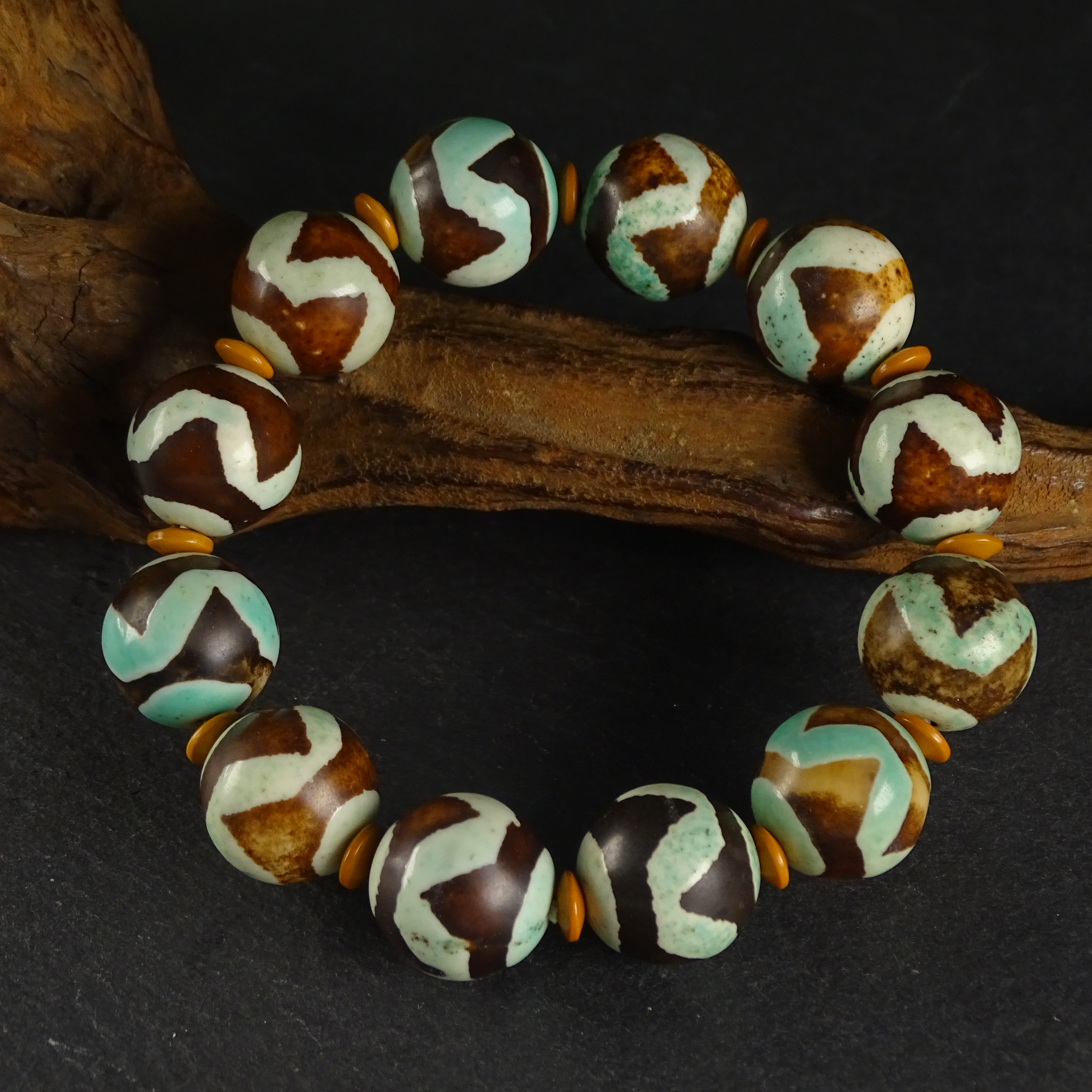 梵间星辰老青稞供虎牙天珠天然西藏真品玛瑙手串男女16*16mm左右