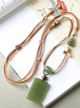 原创和田玉无事牌小葫芦项链 文玩手工编织绳中式国风毛衣链批发