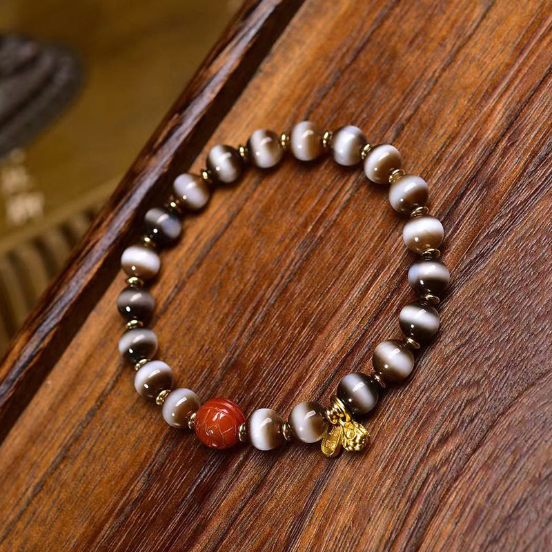 天然老西亚镶蚀线珠手串单圈藏式文玩佛珠南红玛瑙琉璃配饰手链