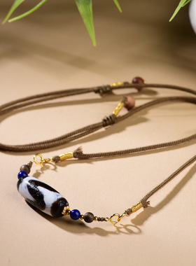 西藏九眼虎牙天珠项链如意天珠颈链复古民族风男女款玛瑙配饰青金