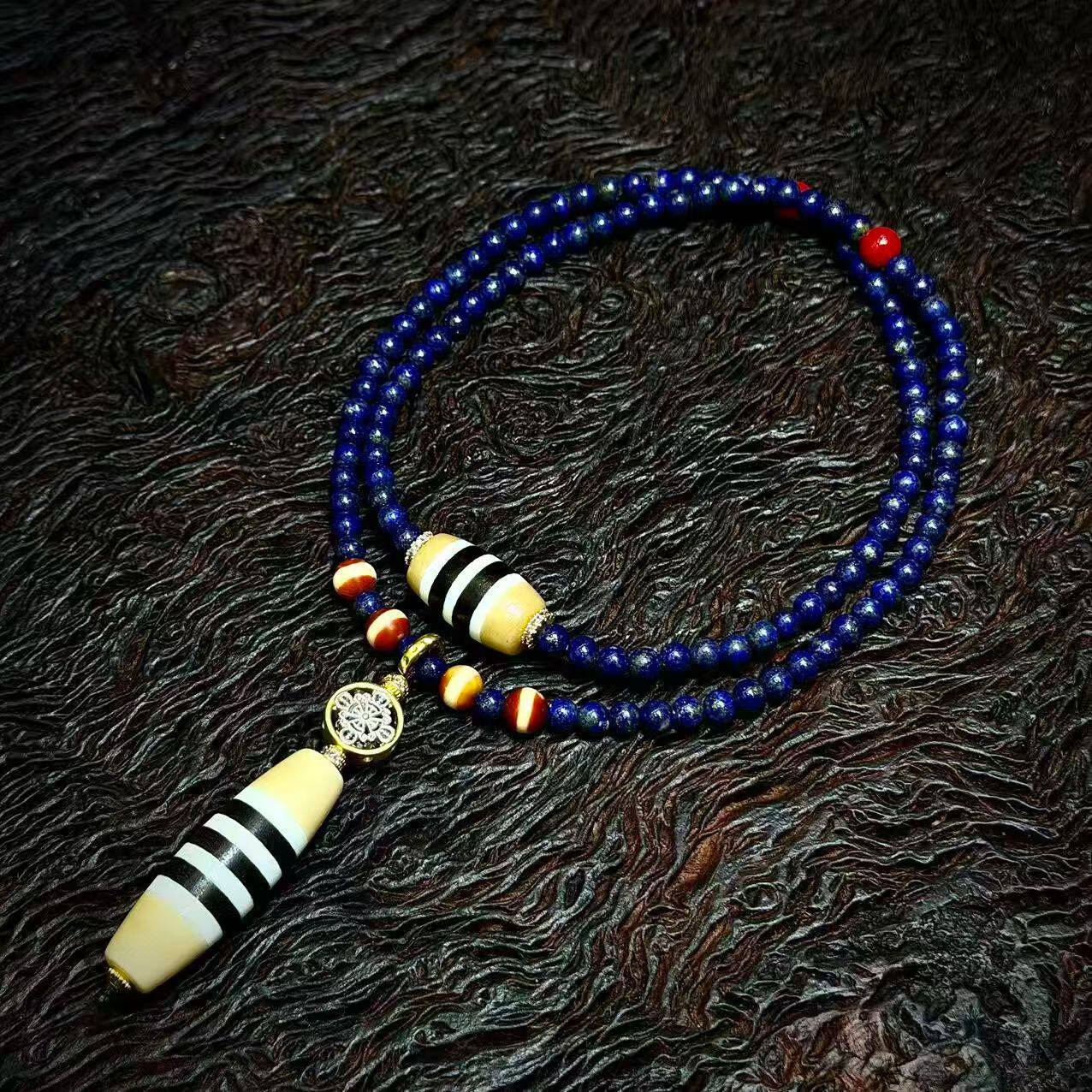 5A级西藏天然原石老矿玛瑙青金石药师珠西亚线珠天珠锁骨项链吊坠