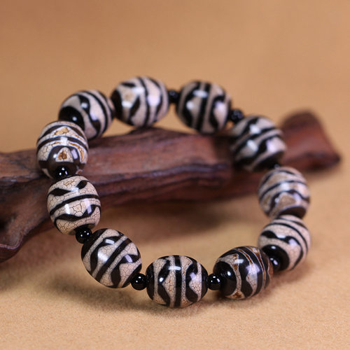 5A级天然西藏真品原石老玛瑙双虎牙天珠手串单f圈手链13*15mm左右