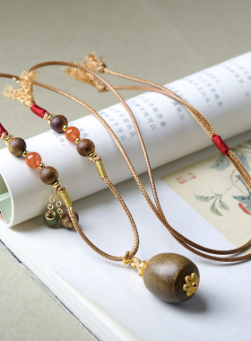 原创绿奇楠沉香木项链 文玩天然南红玛瑙和田玉毛衣链