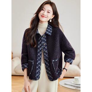 MONLOUVE韩系格子拼接羊羔毛外套女加绒加厚2025秋冬新款时尚皮毛