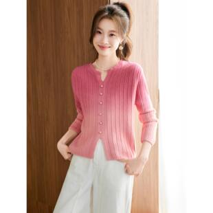 MONLOUVE粉色渐变V领针织衫女秋冬新款修身高级感套头毛衣时尚内