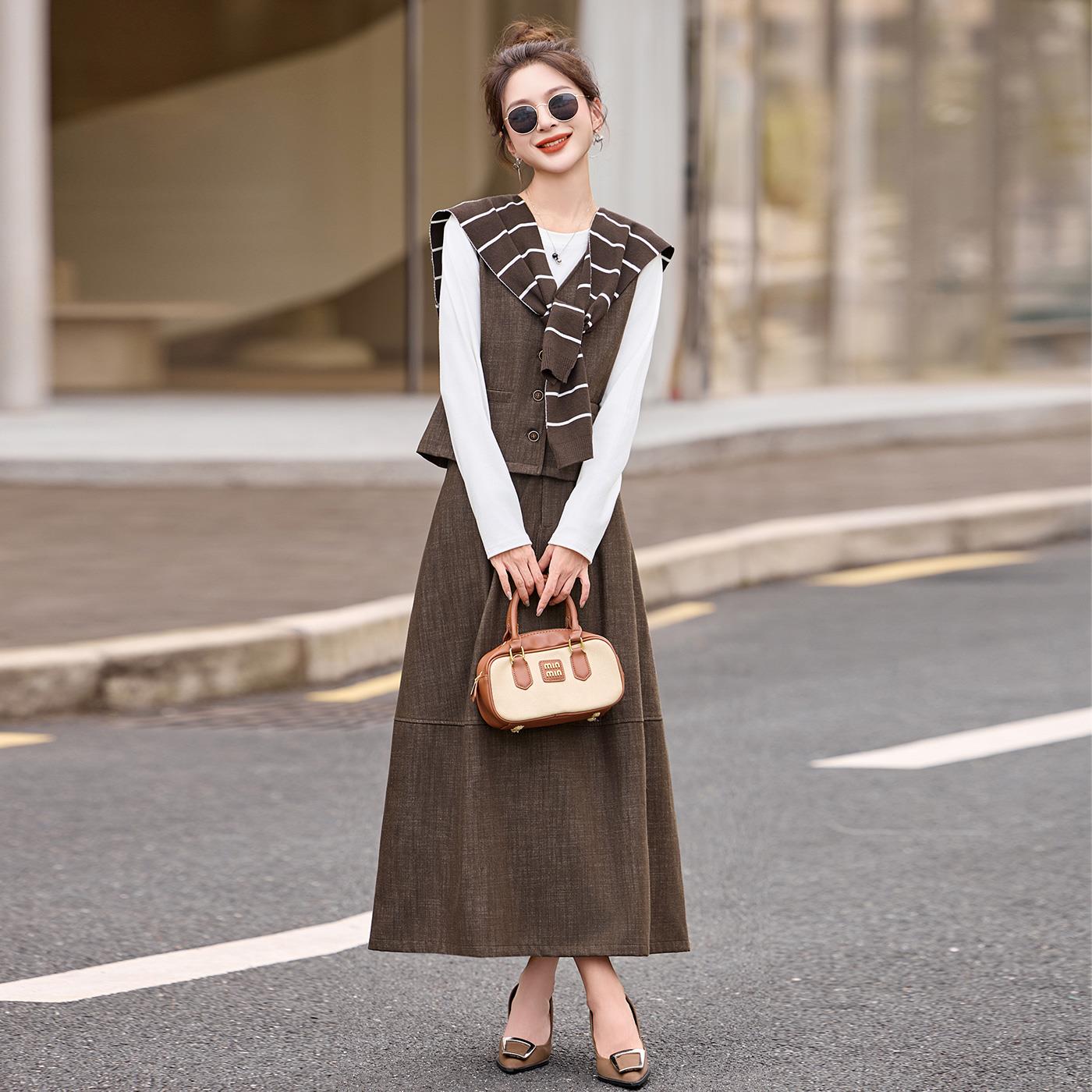 MONLOUVE韩系条纹披肩马甲T恤半身裙套装女2025秋季新款高级感显