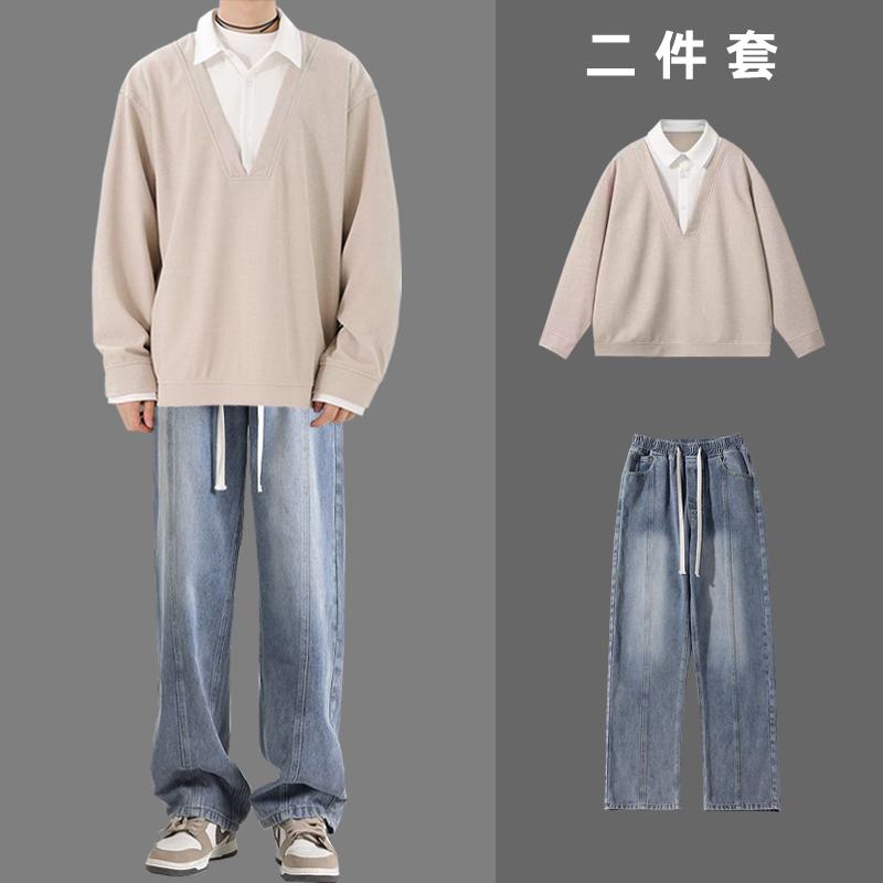 韩版小清新套装男生春秋假两件长袖POLO衫宽松潮牌百搭华夫格卫衣