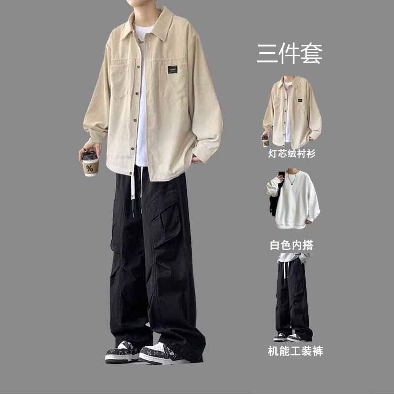 春秋灯芯绒衬衫套装男生青少年穿休闲运动套装