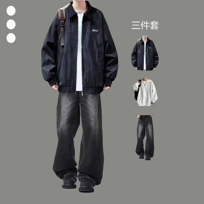 复古高街扎染夹克男生秋季薄款外套潮牌套装痞帅男装穿搭一整套装