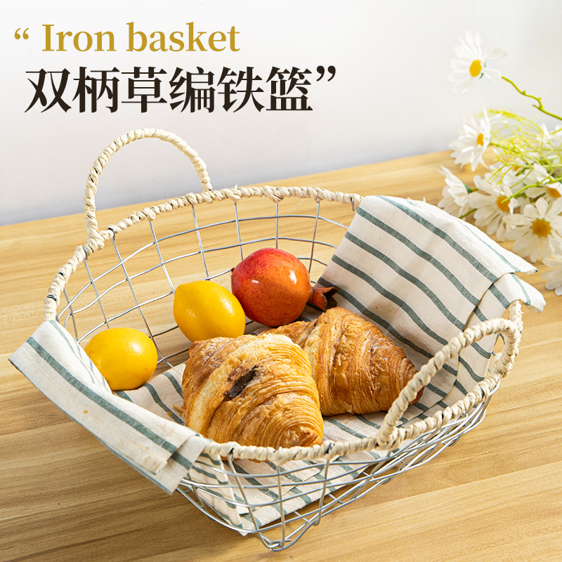 ins铁丝铁艺编织收纳篮零食杂物收纳筐水果面包储物篮手工手提篮