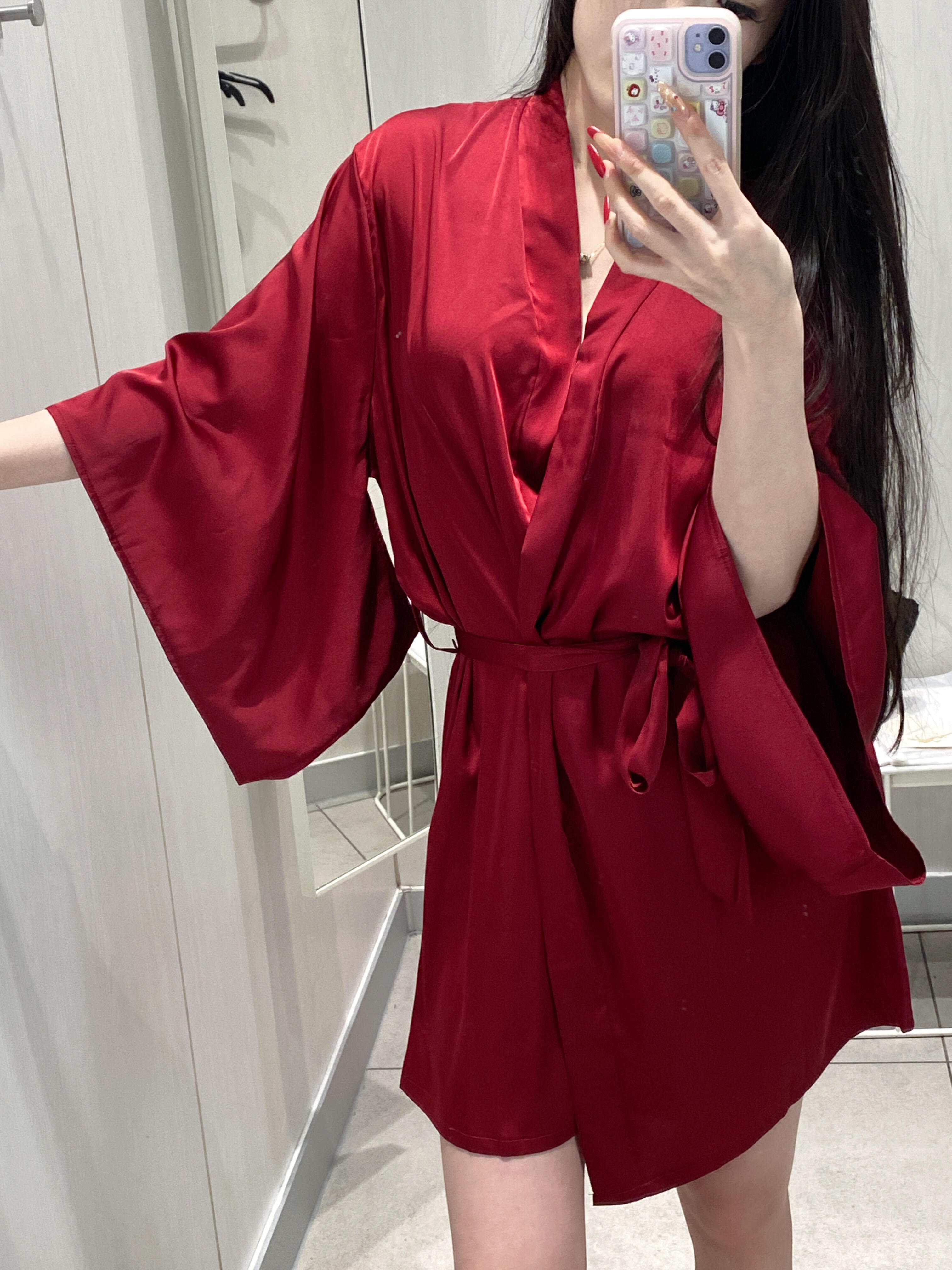 御姐睡袍大摆袖短款女款高级感纯色缎面睡裙冰丝感四季通用丝滑图片