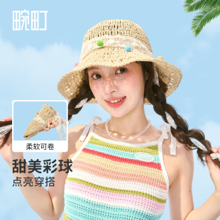 畹町海边度假草编帽女夏季 出游折叠遮阳沙滩帽子蕾丝镂空编织草帽