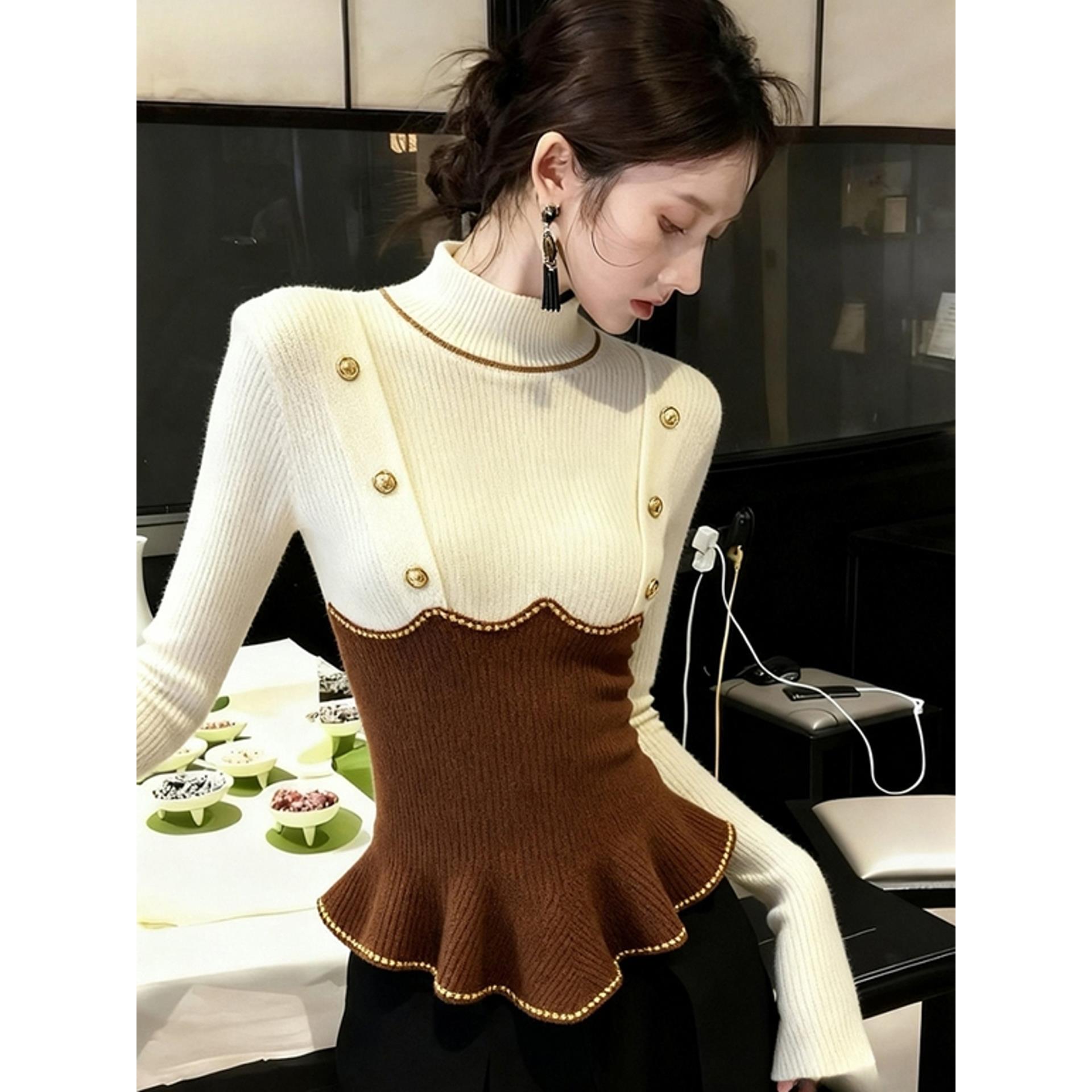 MONLOUVE优雅小香风咖白撞色半高领长袖毛衣针织衫女秋冬款高级感