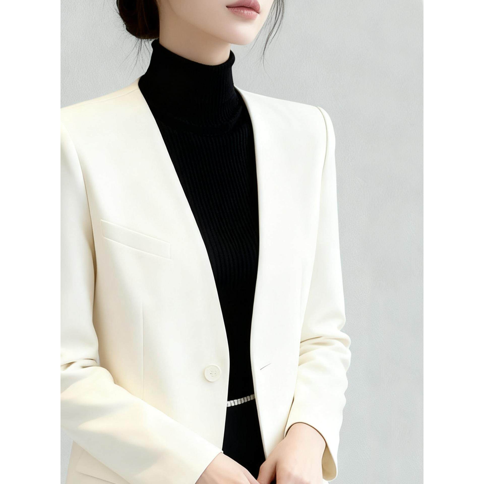 MONLOUVE韩系高级感绝美白色v领长袖西装外套女春秋新款通勤洋气