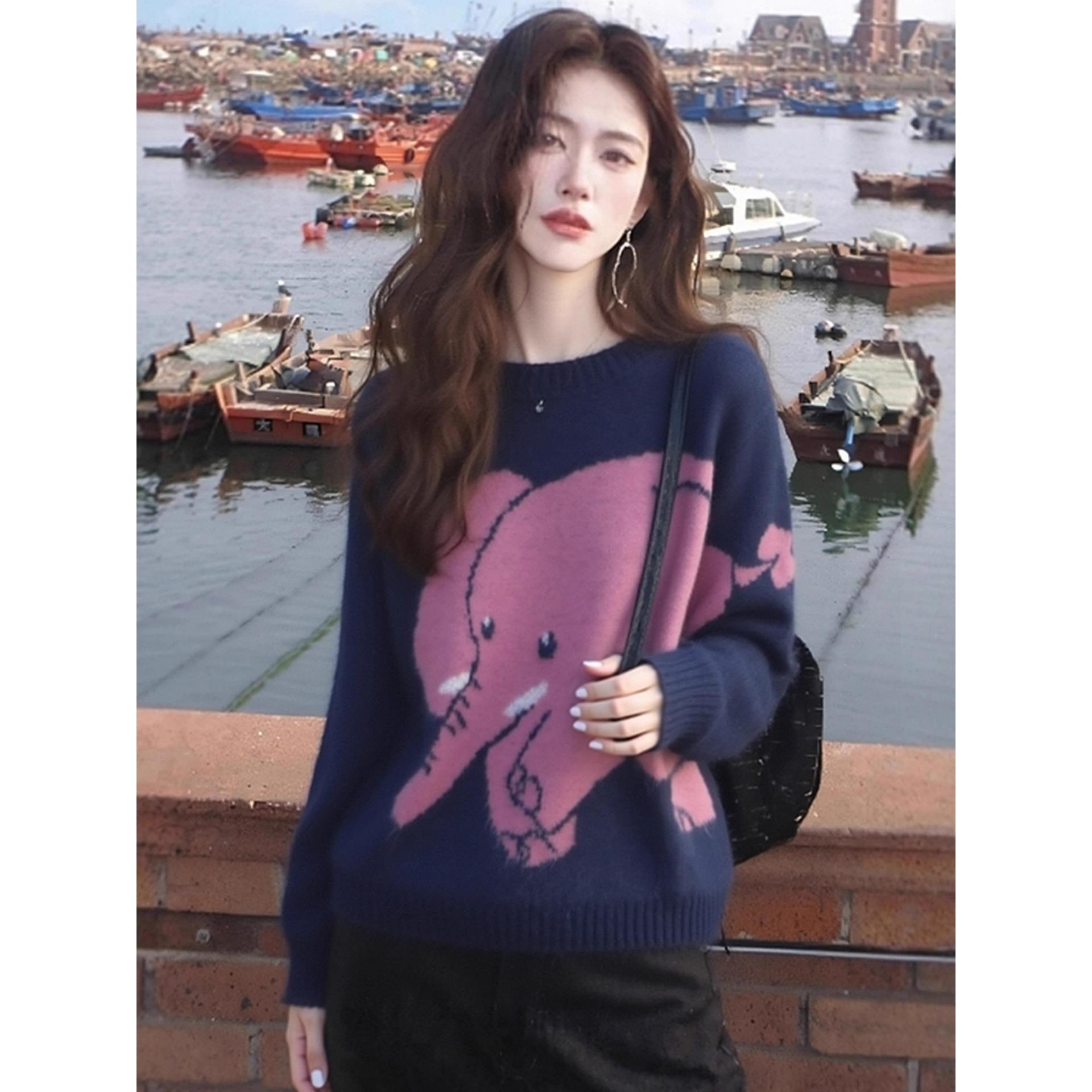 MONLOUVE时尚洋气减龄蓝色大象圆领长袖毛衣针织衫女秋冬款高级感