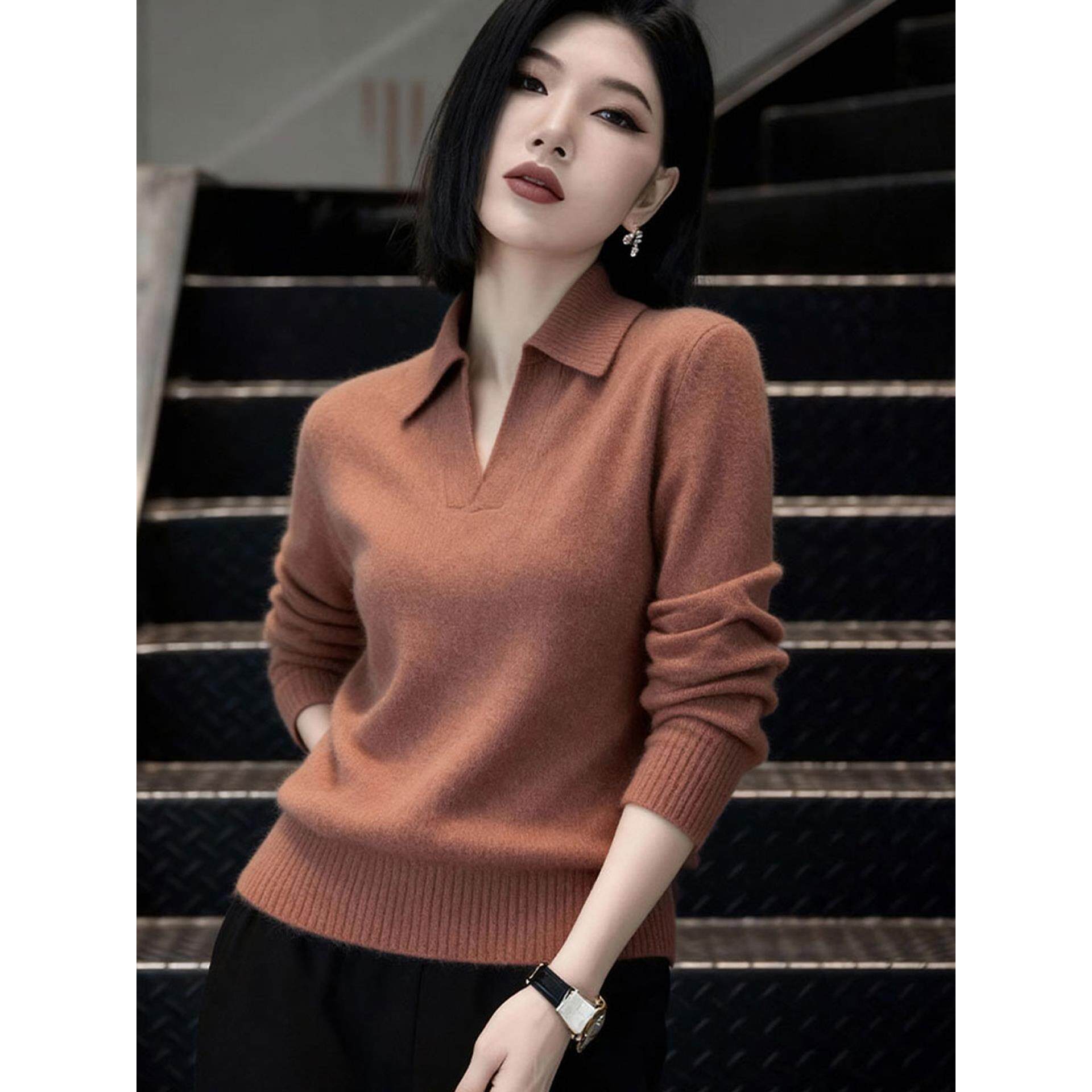 MONLOUVE时尚轻熟绝美橙色Polo领长袖毛衣针织衫女秋季款简约百搭