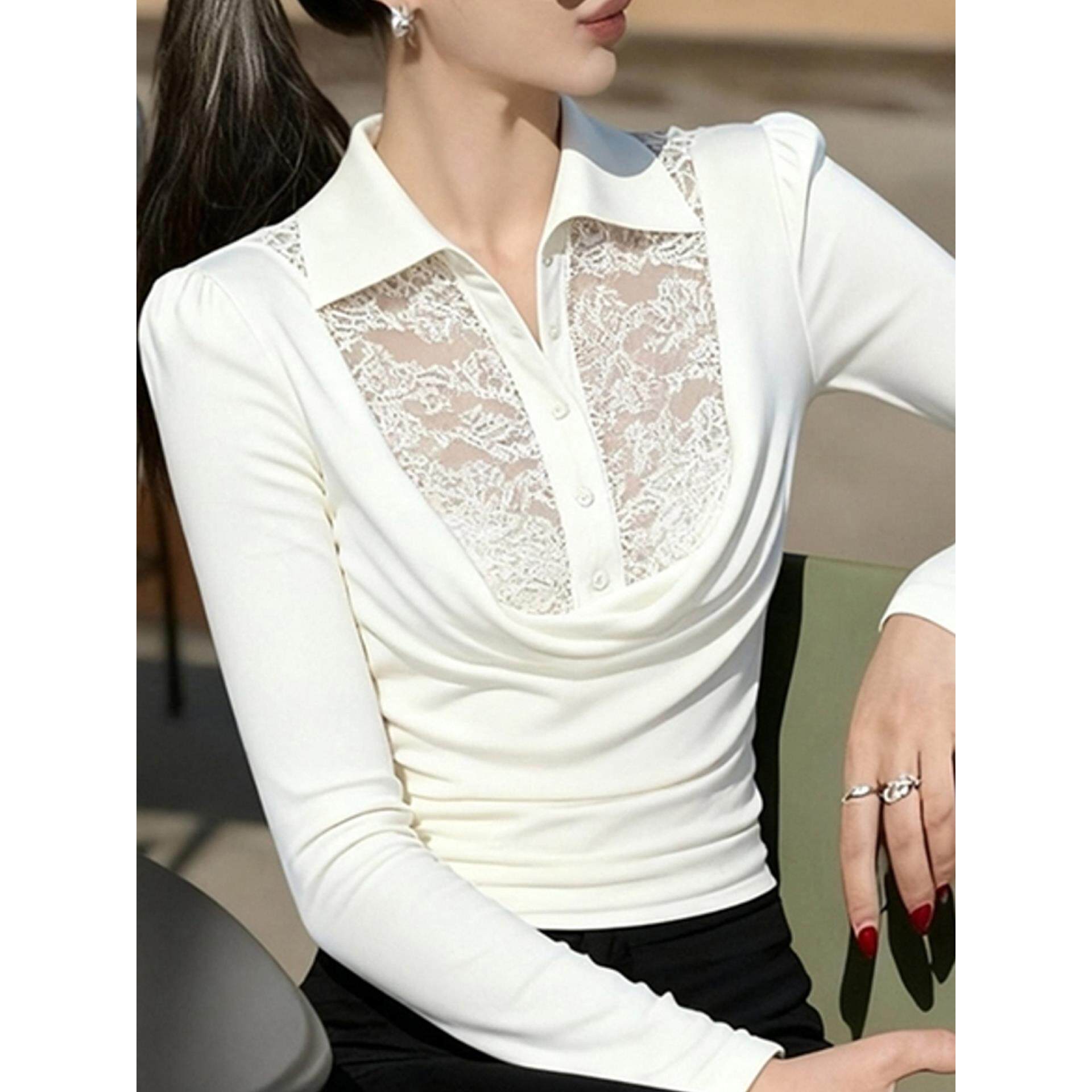 MONLOUVE高级感绝美白色蕾丝拼接翻领长袖T恤女秋季新款简约洋气