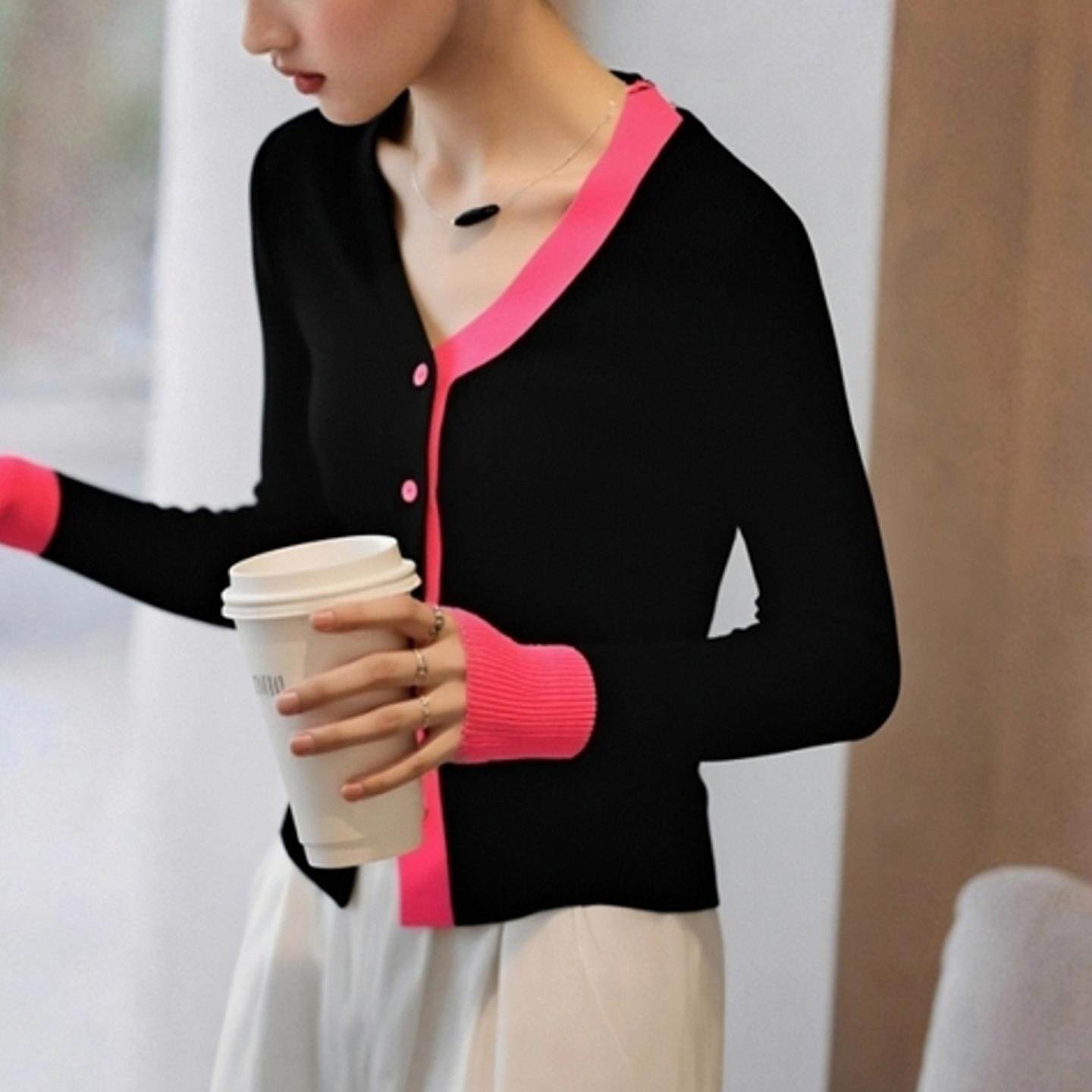 MONLOUVE法式高级感绝美黑色拼接v领长袖针织开衫女秋季款超好看