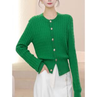 MONLOUVE轻奢绝美绿色圆领长袖毛衣针织开衫女秋冬款通勤百搭显瘦