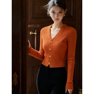 MONLOUVE休闲慵懒风橙色v领长袖毛衣针织开衫女秋冬新款简约百搭