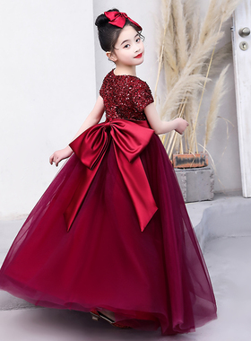 女童高端晚礼服儿童公主裙红色花童主持人指挥钢琴演奏演出服夏款