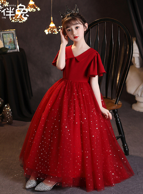 女童高端晚礼服公主裙红色儿童主持人花童合唱指挥钢琴演奏演出服