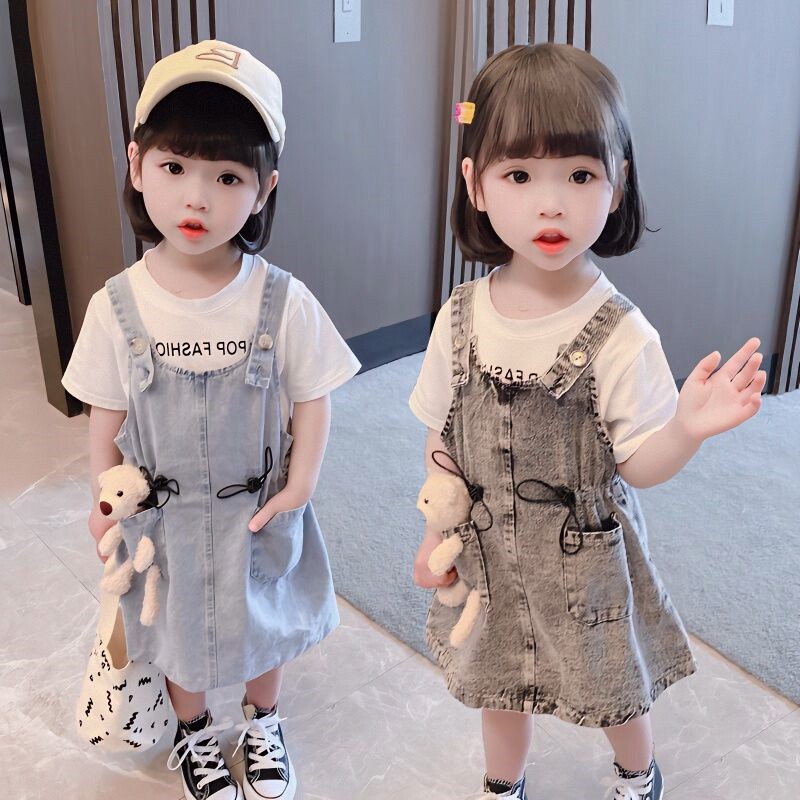 夏装女童牛仔背带裙套装儿童裙子吊带裙女宝宝衣服洋气中小童新款