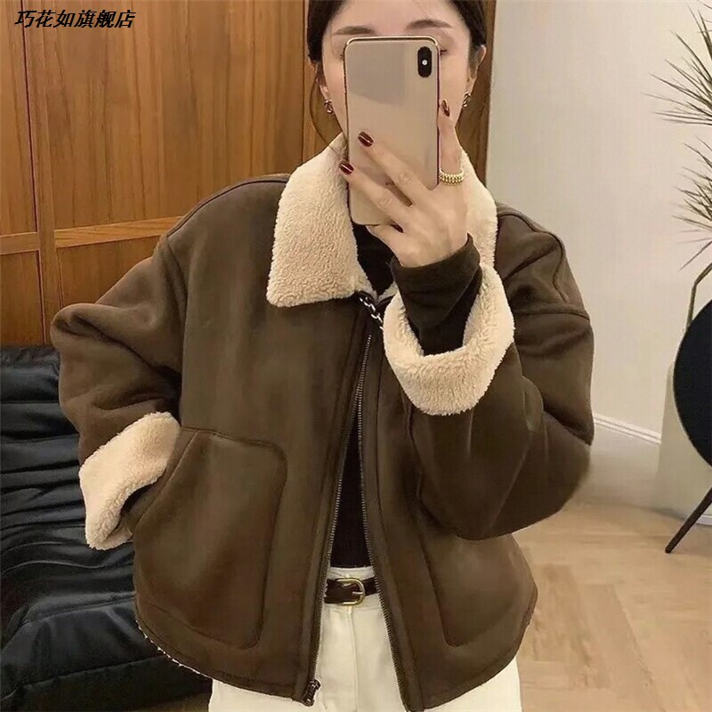 秋冬加厚翻领上衣女皮毛一体时尚外套夹克机车服欧货高级感百搭款