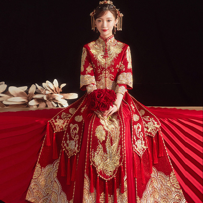 秀禾服情侣套装结婚大码新娘胖MM夏季薄款显瘦出阁服中式婚纱礼服图片