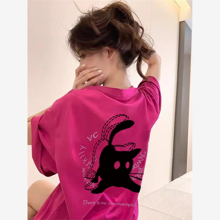 火龙果色纯棉短袖t恤女夏季多巴胺穿搭美式潮牌宽松慵懒半袖上衣