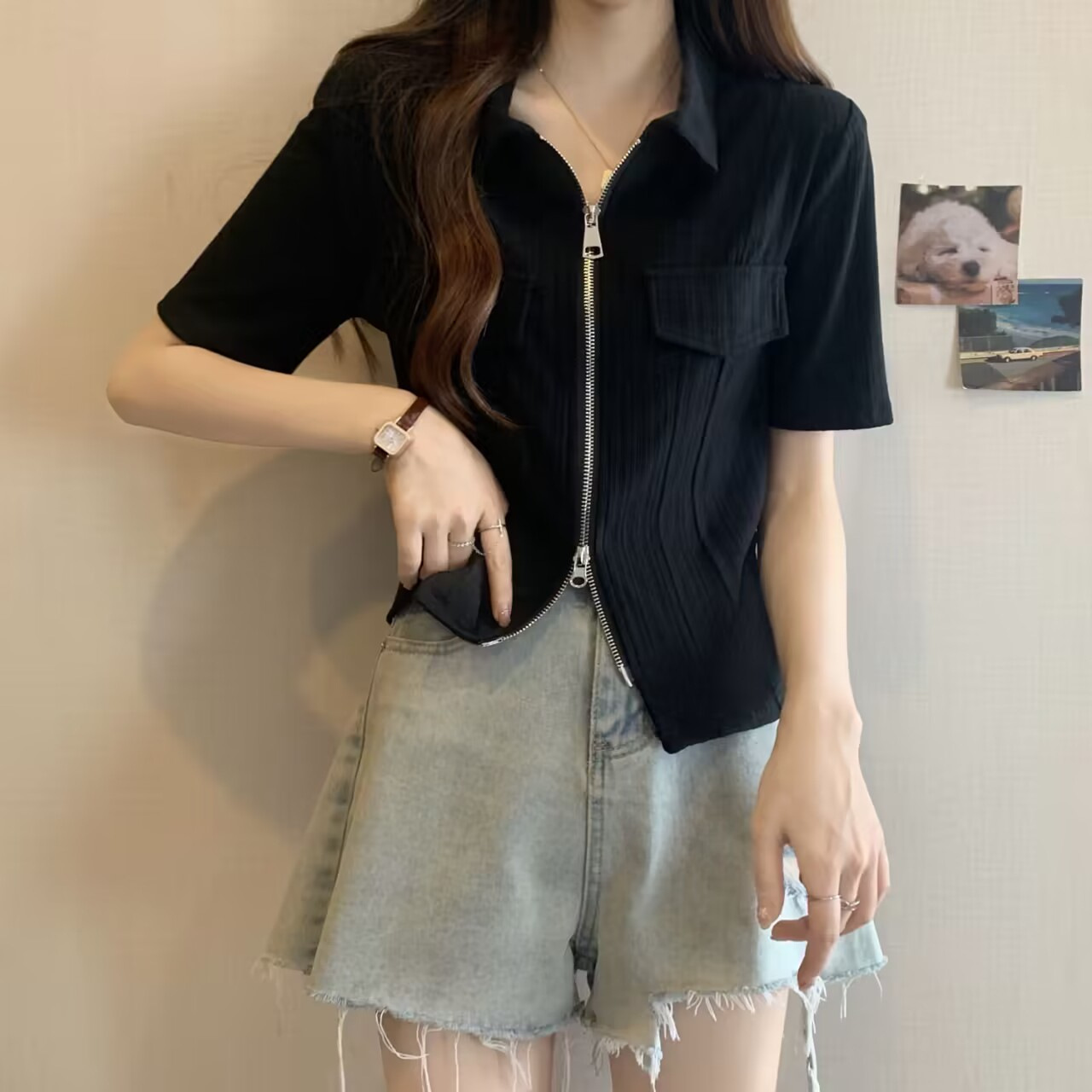 大码女装2025胖妹妹夏新款设计感翻领双拉链短袖恤坑条显瘦上衣