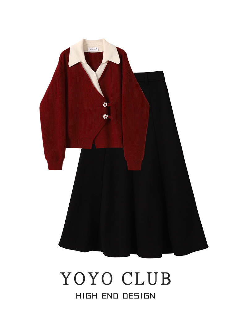 YOYO CLUB 가을과 겨울 여성을위한 가짜 투피스 새해 빨간 스웨터 스웨터 하이 웨이스트 스커트 새해 이브 정장