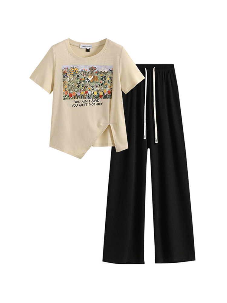 YOYO CLUB 플러스 사이즈 여성 불규칙 프린트 반팔 티셔츠 하이 웨이스트 스트레이트 팬츠 여름 캐주얼 패션 슈트
