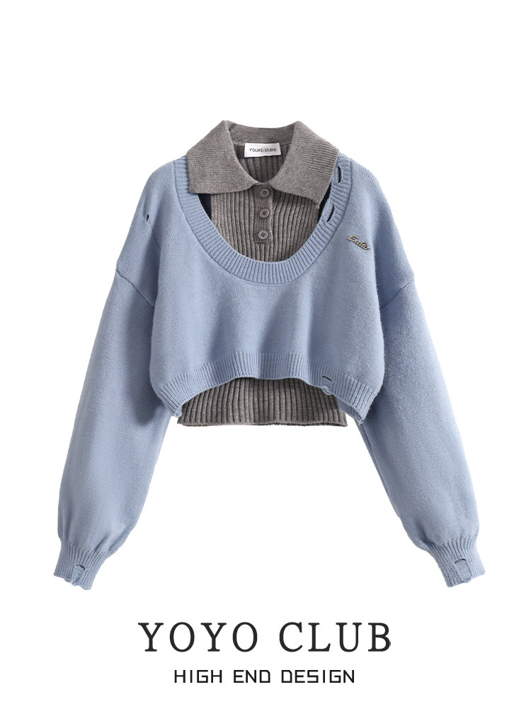 YOYO CLUB 대학 스타일 짧은 찢어진 스웨터 여성 가을 겨울 투피스 양복 스웨터 탑