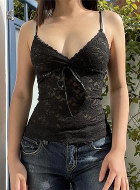 Black See Through Lace Cami Crop ops Women Summer Y2K Clothe