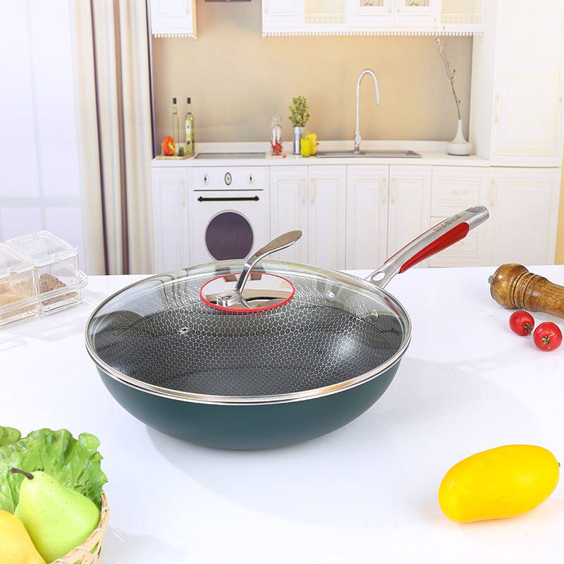 康尼菲316不锈钢炒锅家用无涂层不粘锅单面蜂窝锅锅具