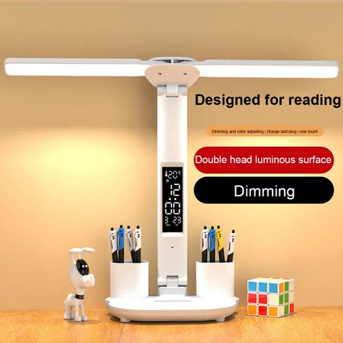 LED Clock Table Lamp USB Chargeable Dimmable Desk Lamp 2 Hea