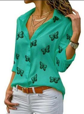 Blusa Chiffon Estampada Com Borboleta, Gola Turn Down, Manga