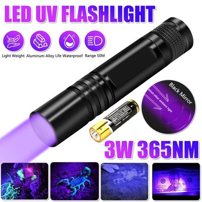 Mini linterna UV de mano, luz negra de 3W, 365nm, lámpara u