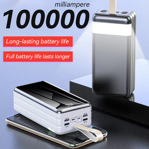 Banco de Potência Portátil com Luz, 100000mAh, 4 USB, Bate
