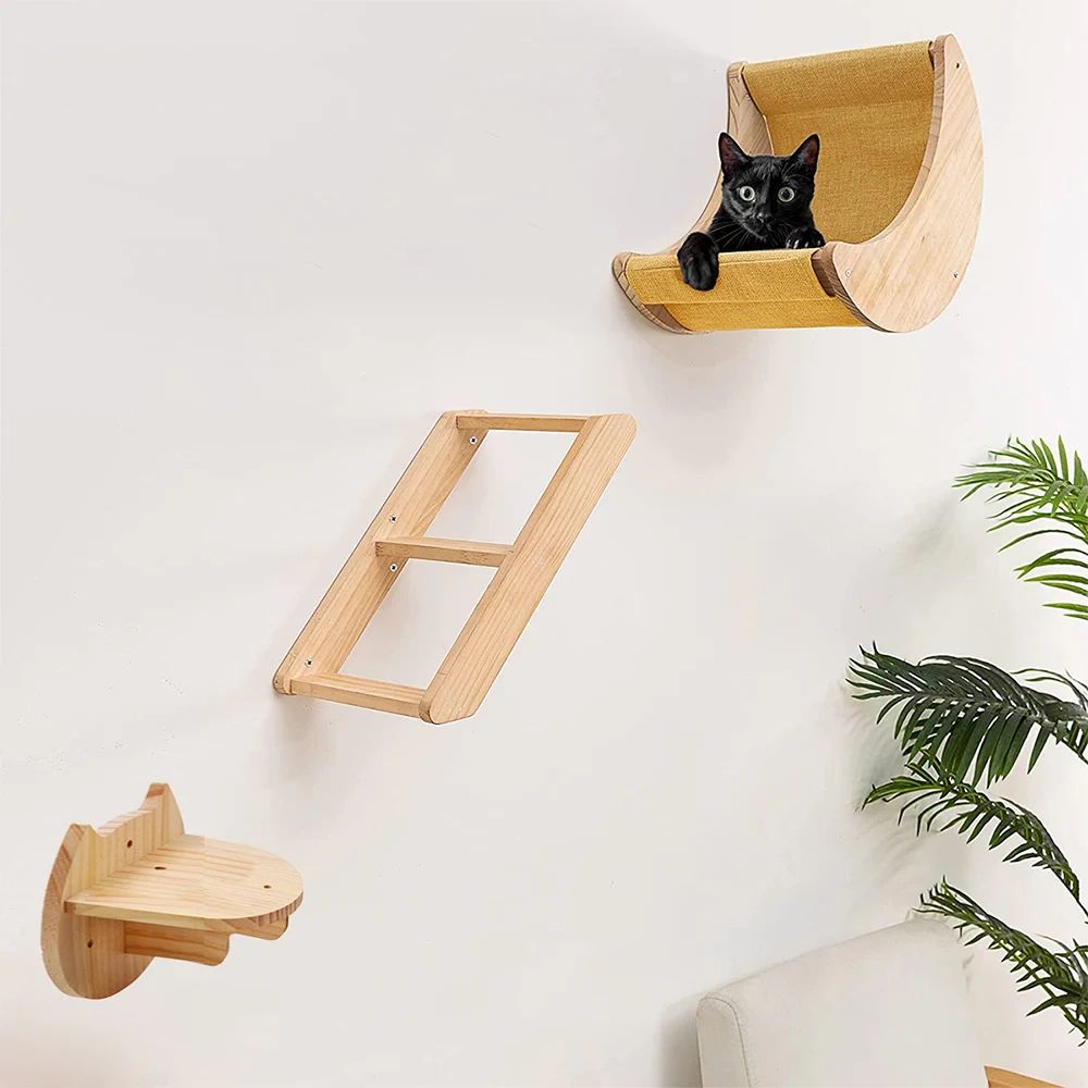 Wall Mounted Pine Wood Cat Escalada Prateleiras, Rede, Escad