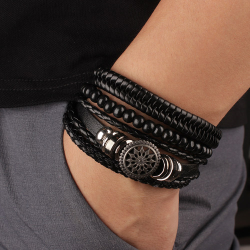 4Pcs/ Set Braided Wrap Leather Bracelets for Men Vintage Lif