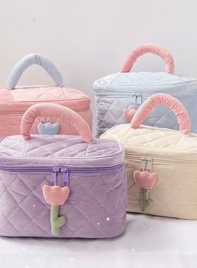 1 Set Solid Color Flower Makeup Bag Set Zipper Large Soft Co