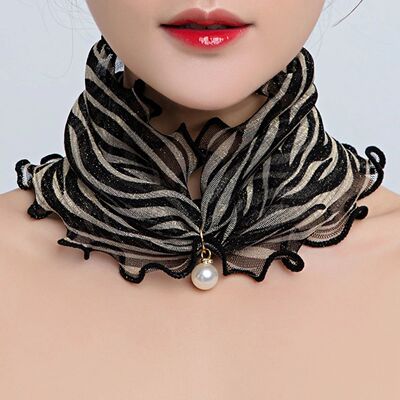 Women Fake Pearl Pendant Neckerchief Print Lace Fake Collar