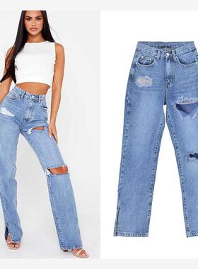 women ripped Jeans High waist straight denim pants开叉牛仔裤